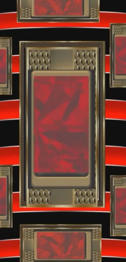 Futuristic circuit board wallpaper with red and gold design.