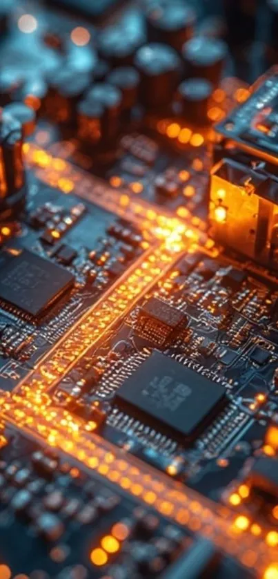 Circuit board with glowing orange lines and intricate design.