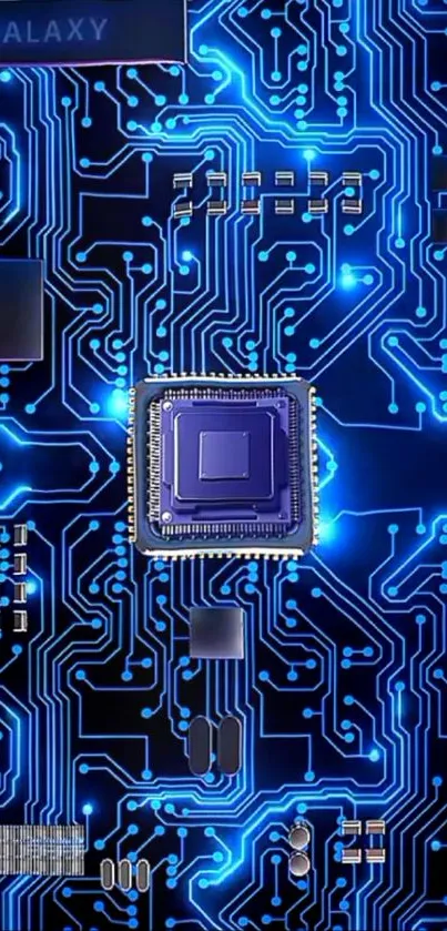Futuristic circuit board with blue neon glow.