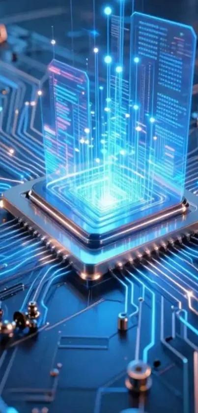 Futuristic circuit board with glowing blue patterns.