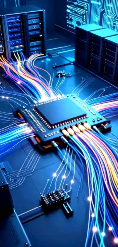 Futuristic circuit board with colorful wiring