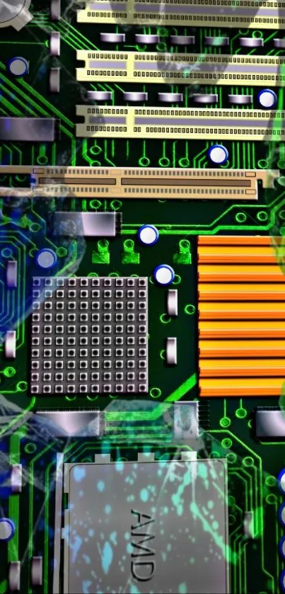 Futuristic circuit board with vibrant green and orange elements.