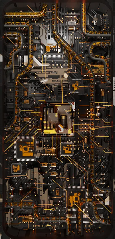 Futuristic mobile wallpaper with circuit board design and glowing details.