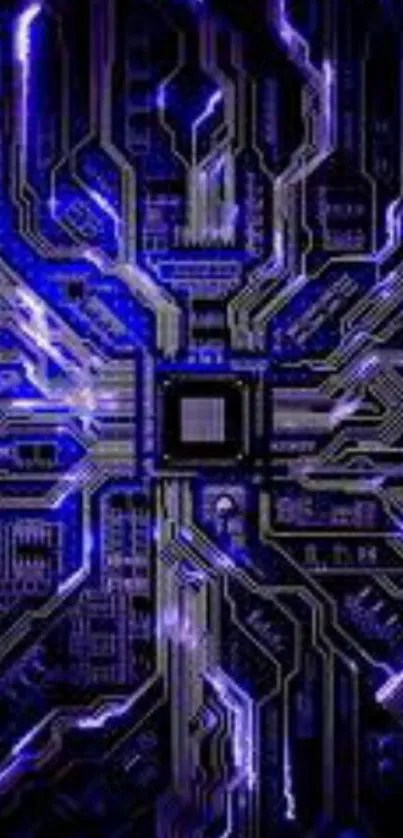 Futuristic purple and blue circuit board wallpaper.