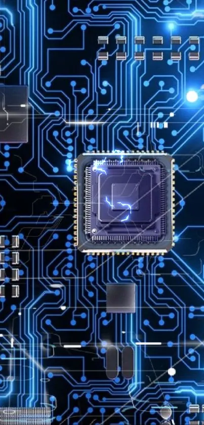 Futuristic circuit board wallpaper with glowing blue lines and microchip.