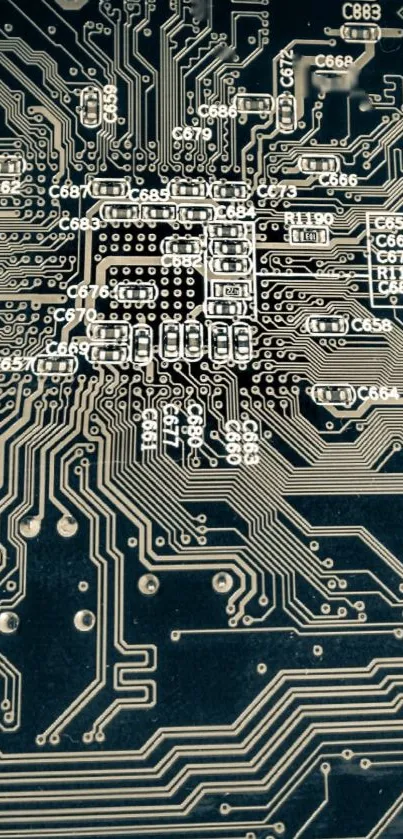 Intricate circuit board design on dark background mobile wallpaper.