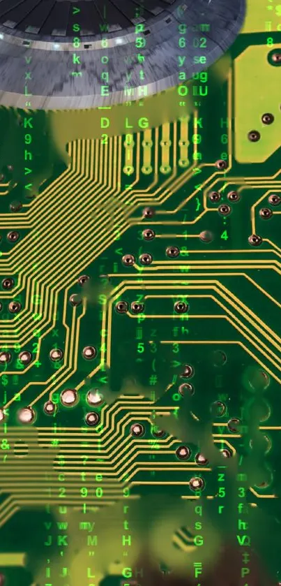 Dynamic green circuit board mobile wallpaper with futuristic design.