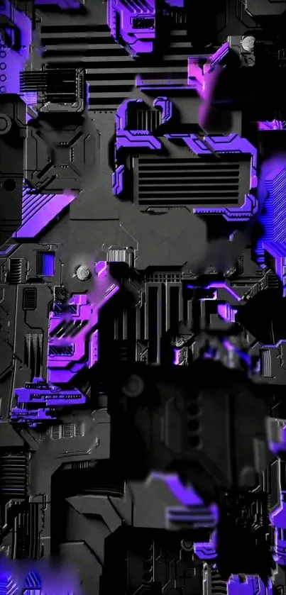 Futuristic circuit board wallpaper with purple and black design elements.