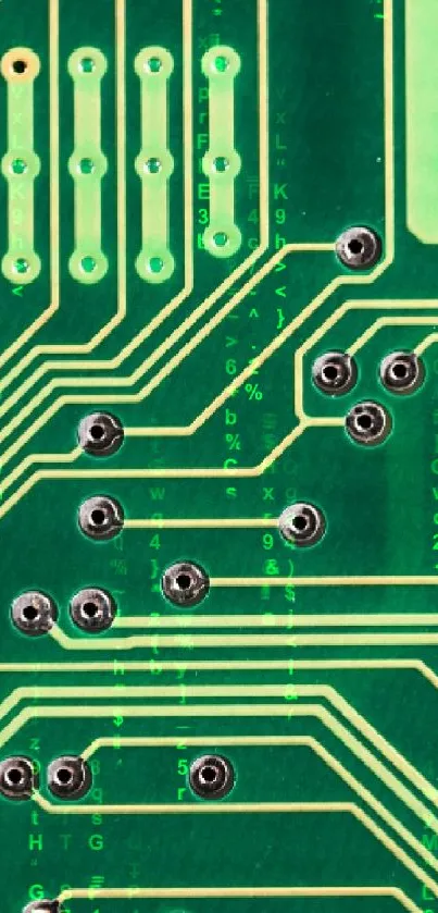 Intricate green circuit board pattern for mobile wallpaper.