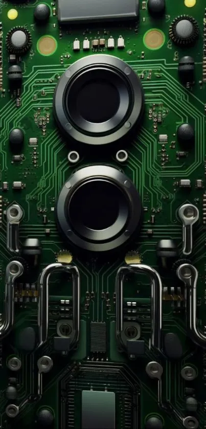 Futuristic circuit board design wallpaper with a dark green aesthetic.