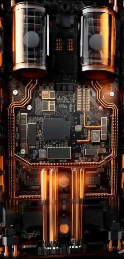 Futuristic circuit board with orange glow design for mobile wallpaper.