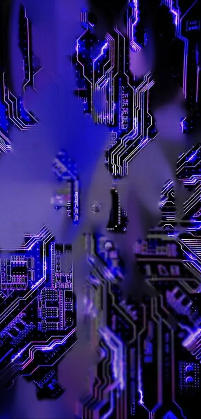 Futuristic neon circuit board wallpaper in blue and purple.