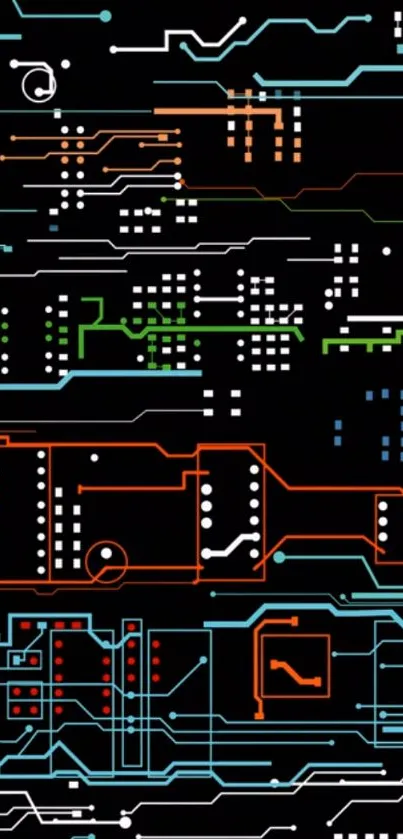 Futuristic circuit board wallpaper with colorful lines on black background.