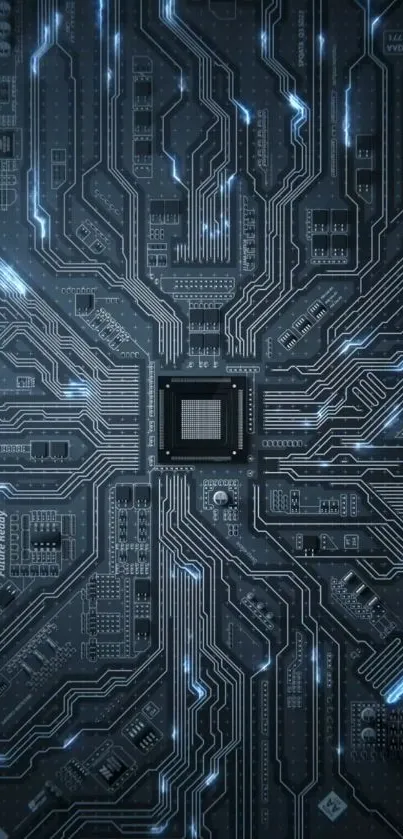 Futuristic dark blue circuit board wallpaper, perfect for tech enthusiasts.