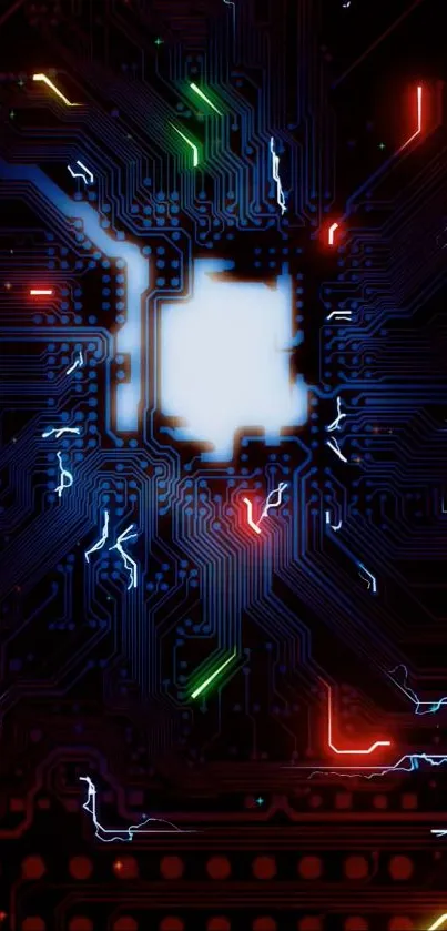 Futuristic circuit board design with neon accents.