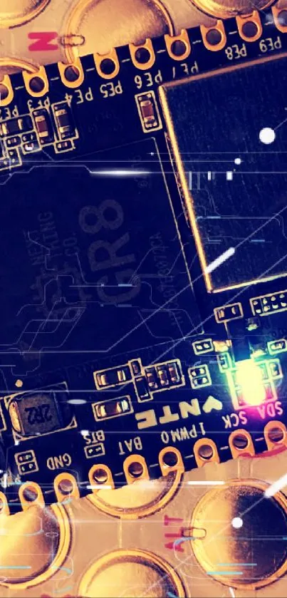 Futuristic circuit board wallpaper with vibrant blue and intricate details.