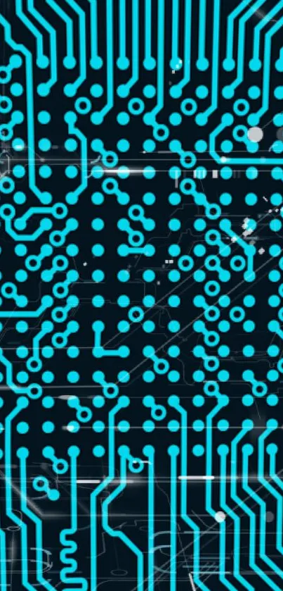 Neon blue circuit board design on a dark background.