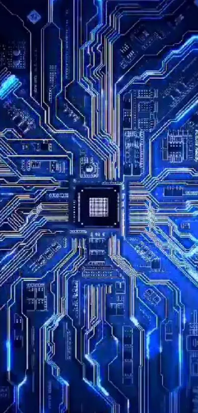 Futuristic blue circuit board wallpaper for mobile devices.