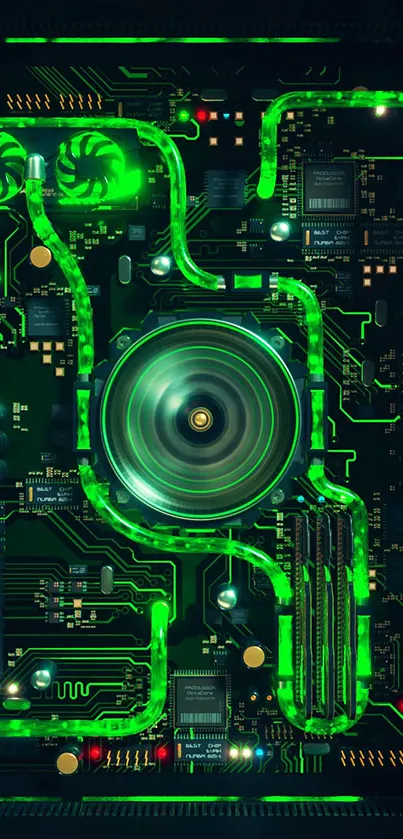 Futuristic neon green circuit board wallpaper with glowing elements.