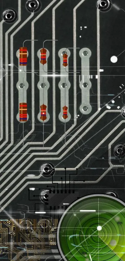 Futuristic circuit board wallpaper with intricate patterns and tech design.