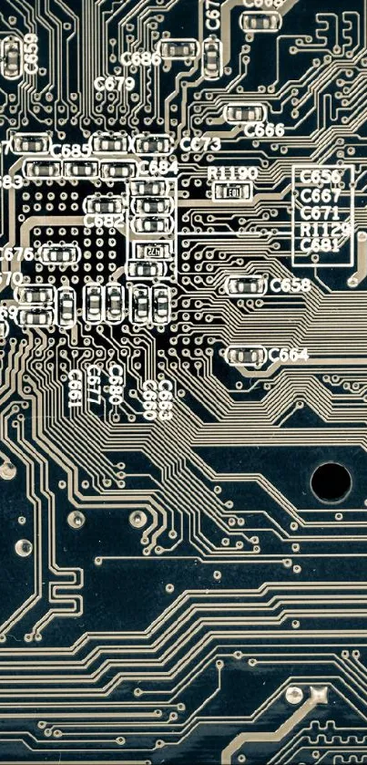 Intricate circuit board design with complex patterns.