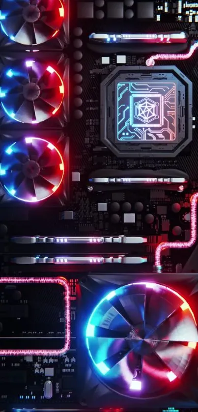 Futuristic circuit board with vibrant neon lights and fans in a dynamic design.