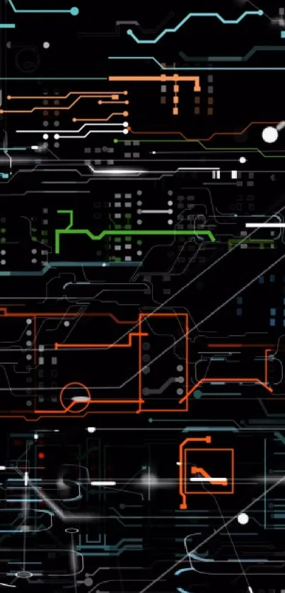 Futuristic circuit board wallpaper with neon highlights on a dark background.