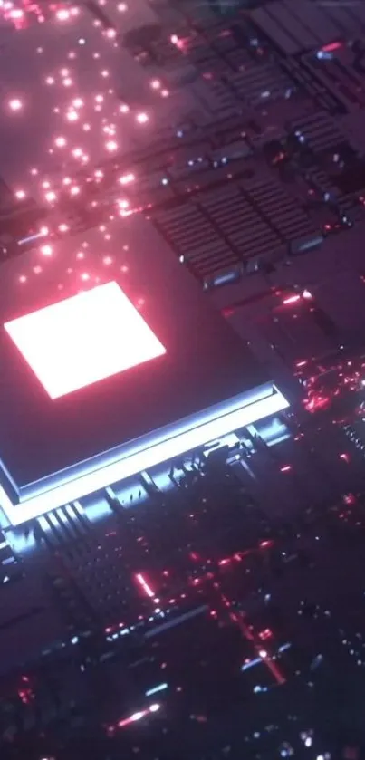 Futuristic circuit board with glowing microchip design.