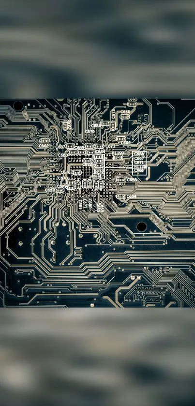 Futuristic circuit board mobile wallpaper with dark gray tones.