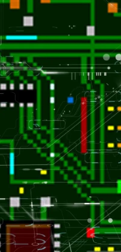 Futuristic circuit board design with green and colorful elements.