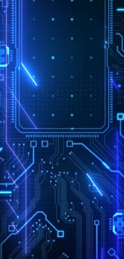 Futuristic circuit board with neon blue lights and digital tech patterns.