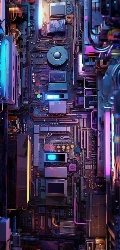 Futuristic circuit board with neon accents.