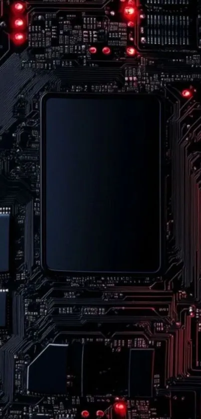 Futuristic circuit board wallpaper with red accents.