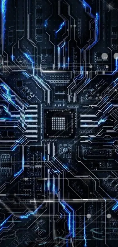 Futuristic circuit board wallpaper with blue neon highlights.