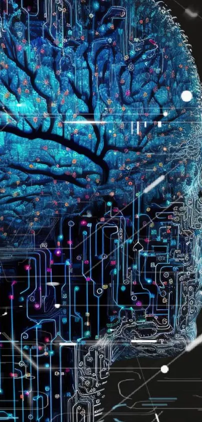 Futuristic digital brain with circuits, dark theme mobile wallpaper.