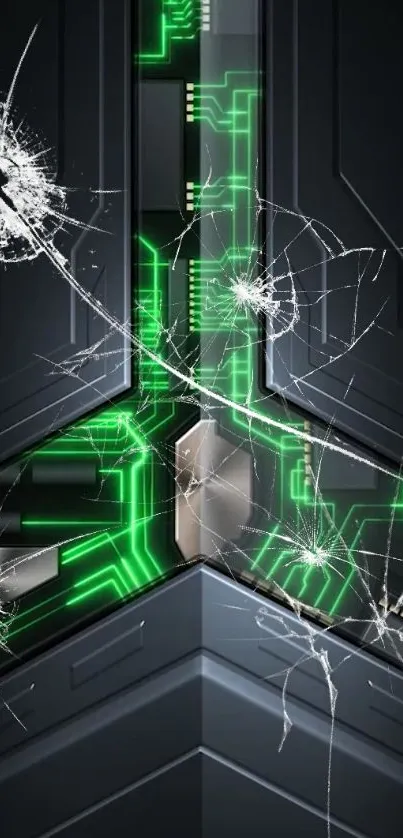 Futuristic wallpaper with neon green circuits and cracked glass effect.