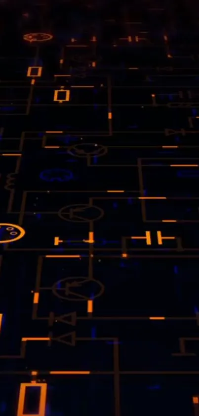 Futuristic circuit design with glowing lines in dark blue and orange.