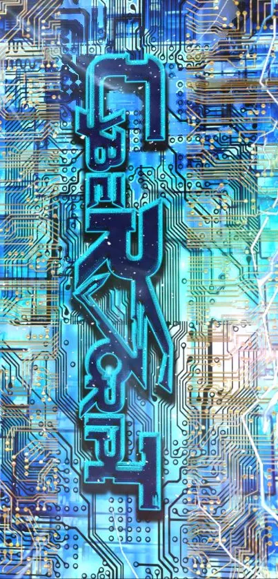 Futuristic blue circuit design on a cyberpunk mobile wallpaper.