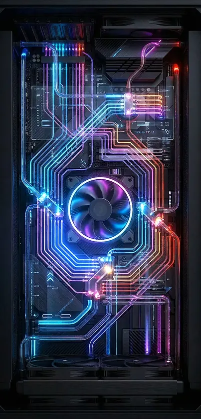 Vibrant neon circuit design with fan.