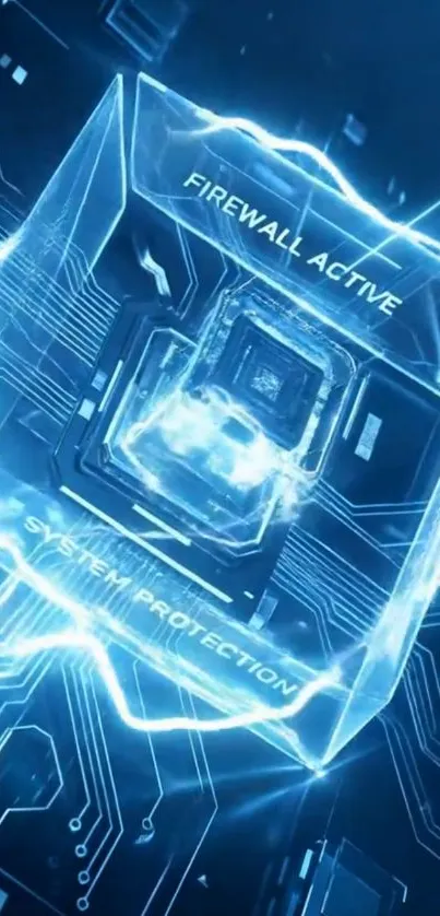 Digital glowing cube with circuit design on wallpaper.