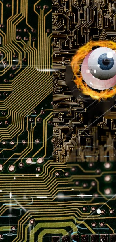 Futuristic circuit board with digital eye design.