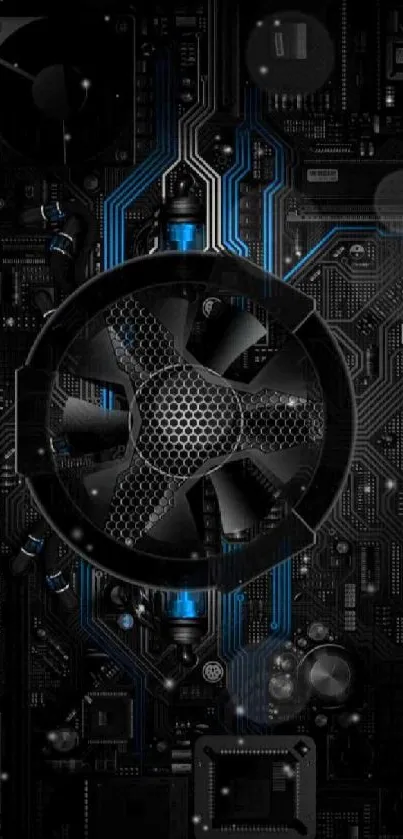 Futuristic circuit board with central fan in dark theme.