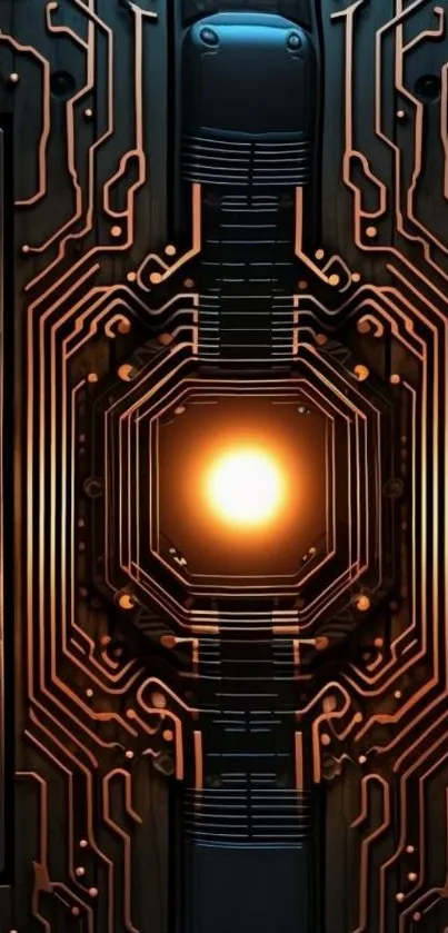Futuristic circuit board with glowing center light.