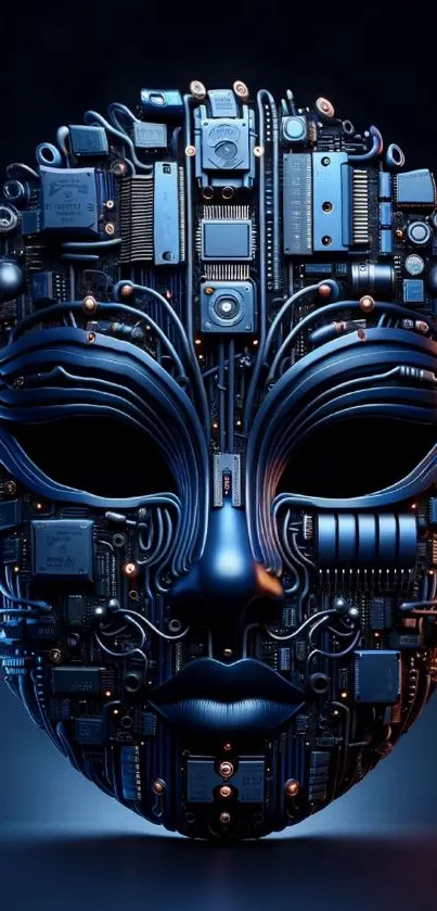 Mask with circuit board design on blue background.