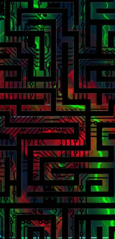 Futuristic maze circuit design with red and green neon accents.