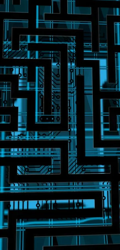 Futuristic circuit maze wallpaper in cyan and black, featuring geometric patterns.