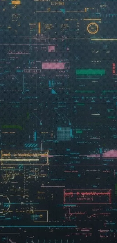 Futuristic circuit board wallpaper with neon tech graphics.