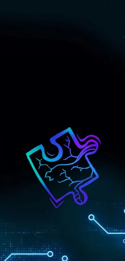 Neon puzzle piece on dark circuit background.