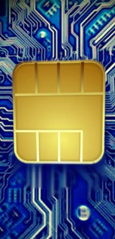 Futuristic SIM card on blue circuit design wallpaper.