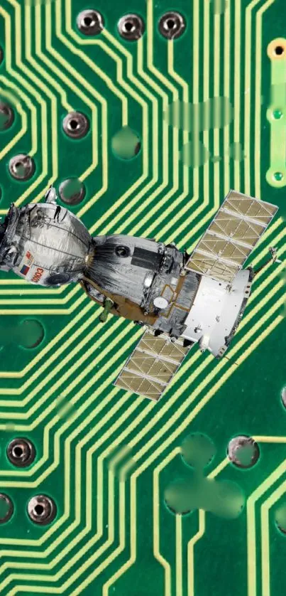 Satellite on a green circuit board, futuristic tech wallpaper.